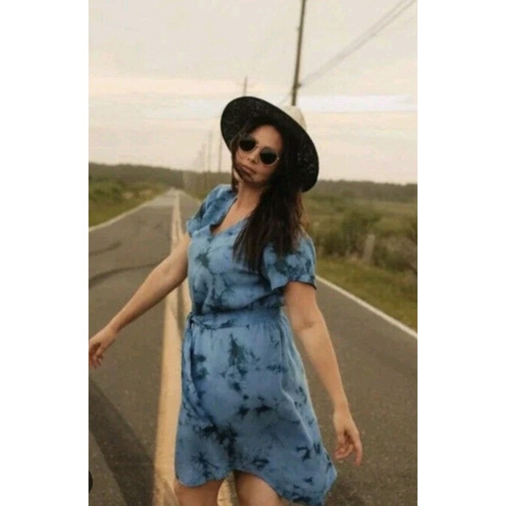 NWT Cloth & Stone Anthropologie‎ Liv Tie Front Tie Dye Tencel Dress Blue Size 1x